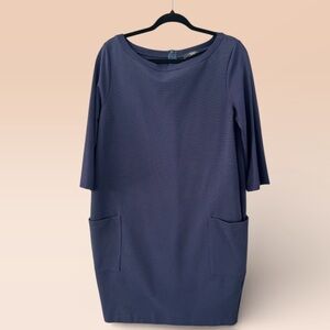 Weekend Max Mara Navy Ribbed Boat Neck 3/4 Sleeve Apron Pocket Knee Length Dress